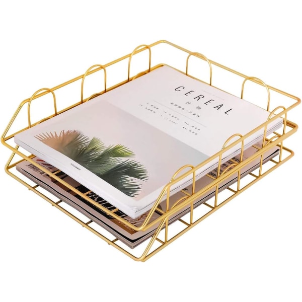 2 x Gold Iron Wire Desk Organiser Letter Tray Tray Paper Tray