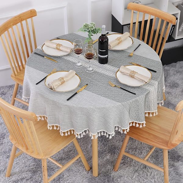 Rund bordsduk 140cm Grå Tvättbar Linne & Bomull Duk Fläckbeständig med Tofs, Randig Broderi för Födelsedag, Bröllop, Kaffe Bord