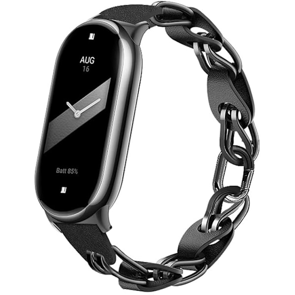 Kompatibelt med Xiaomi Mi Band 8 Armband, Ersättningsarmband Öppen Design Rostfritt Stål Ring Läderkedja Bälte Andningsbart Elegant Armband för Dam Black