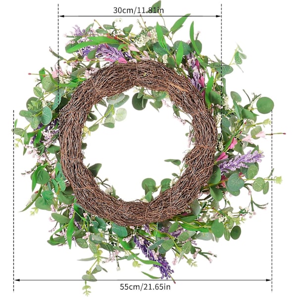 22-tums dörrkrans, vår sommar konstgjorda kransar eukalyptus blomkrans året runt dekoration för ytterdörr, hem, fönster, vägg, bröllop, fest (w