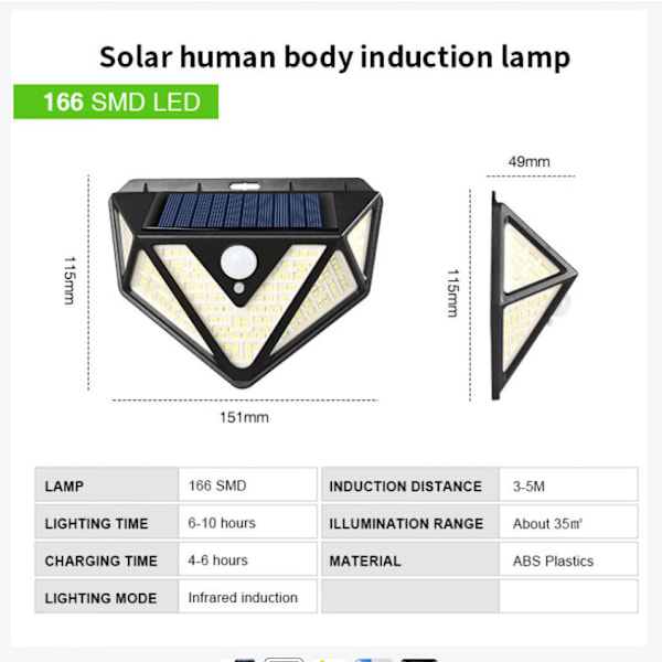 4 Utomhus Solcellslampor, Uppgraderad Rörelsesensor med Larmfunktion, 3 Belysningslägen, 270° Vidvinkel, IP Vattentät Solstrålkastare