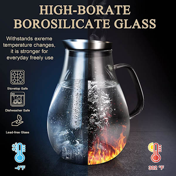 2 liters glaskaraffel med låg og hældetud, vandkaraffel, istekande, til hjemmelavet drik/iste/mælk/kaffe/servering Vin