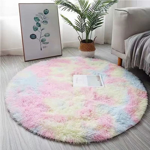 Rundt fluffy regnbue teppe for jenterom, Shaggy sirkel teppe for barn babyer baby soverom innredning for barnehage (120cm*120cm)