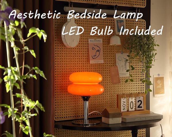 Mid-Century Moderne Glas Natbordslampe med Svampeskærm, Orange-FA-