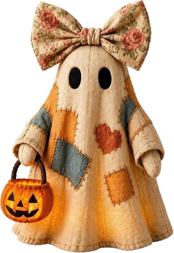 Lysande Vintage Patchwork Spöke Lysande Spöke med Pumpalykta Halloween-dekoration, Vintage Halloween Patchwork Spöklampa, Rustik Höstfigur