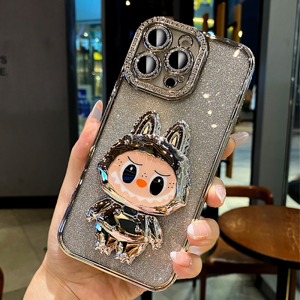 Nytt strassfodral Labubu spegelhållare lämpligt för Apple 16PROMAX mobiltelefonfodral iPhone15 skyddsskal 4 iPhone16E