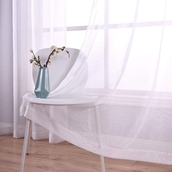 210 cm hvide gardiner med hvide øjer, sæt med 2 paneler, vindueshalvtransparente gardiner, polyester voile look gardiner til soveværelse