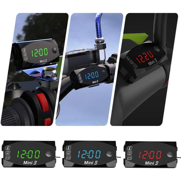 3 i 1 digital motorcykelurtermometer Digital voltmeter Styrbeslag IP67 vandtæt ur med stor skærm, 12v/24v (grøn)
