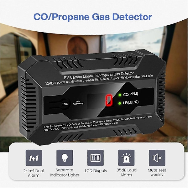 RV Karbonmonoksid- og Propangassdetektor, Dobbel LP/CO Gassalarm med Separate LCD Indikatorlys