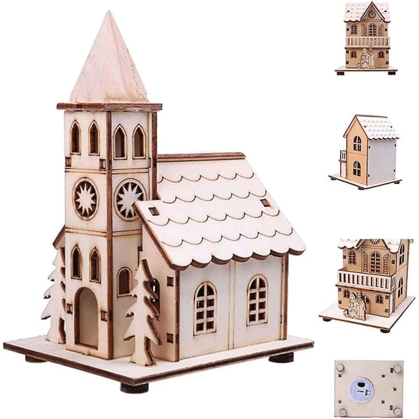 Ny Rustik LED Trækirke - DIY Træ Juleby Scene - Belyste Juledekorationer 2020 - Perfekt Til Juleværksted - Med Vil