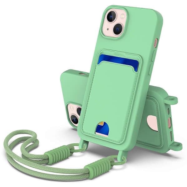 Flydende silikone etui til iPhone 14 Plus / iPhone 15 Plus med kortholder og kort rem, grøn