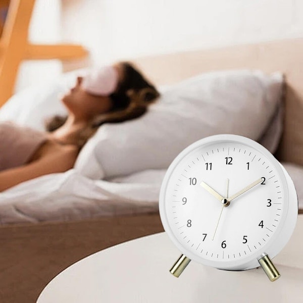 Alarm Clock, Silent Non Ticking with Light, Modern Metal Bedside Clock White 11×11cm