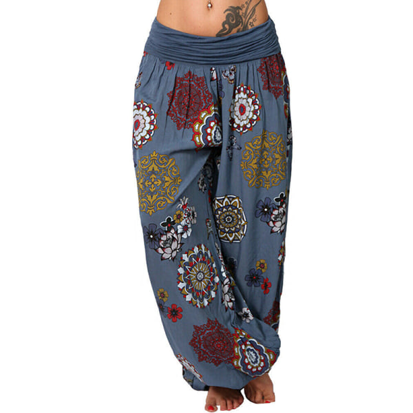 Yogabyxor för kvinnor Baggy Harem Boho Wide Leg Sports Aladdin Pants Blue,3XL