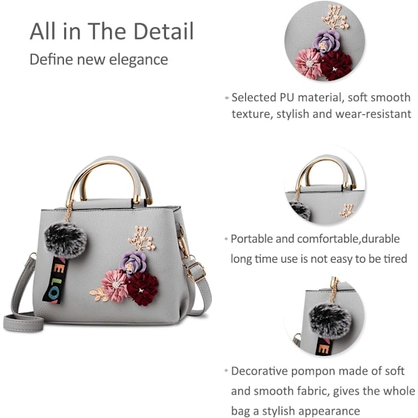 Lædertote skuldertaske til kvinder med blomster, vintage tote taske, designer håndtaske med pompon, lysegrå