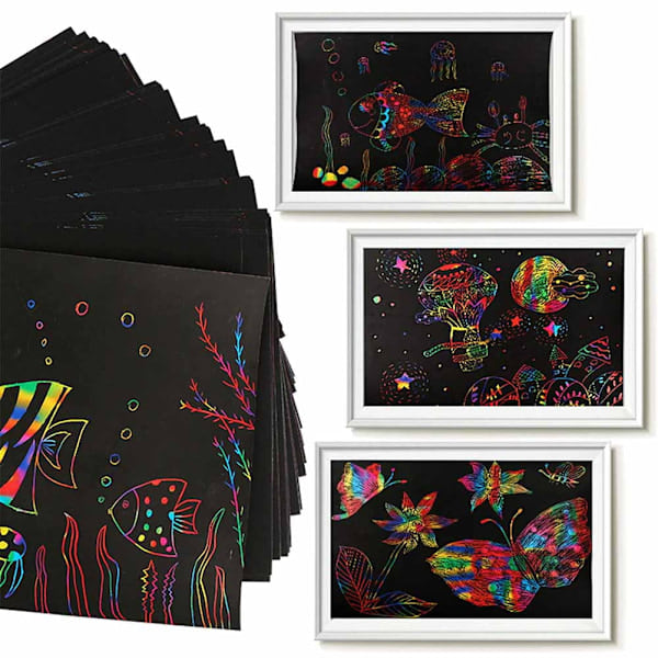 50-osainen Scratch Art -setti - Sateenkaaripaperi ja kynä lapsille 8-12