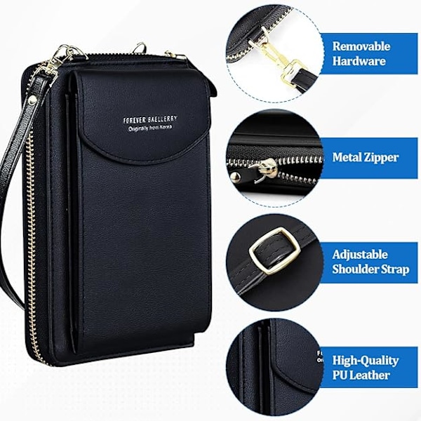 Crossbody Mobilväska för Kvinnor, Äkta Läder Crossbody Väska för Kvinnor Vattentät Mobilficka med Lång Axelrem Dragkedja Kortfack, Liten