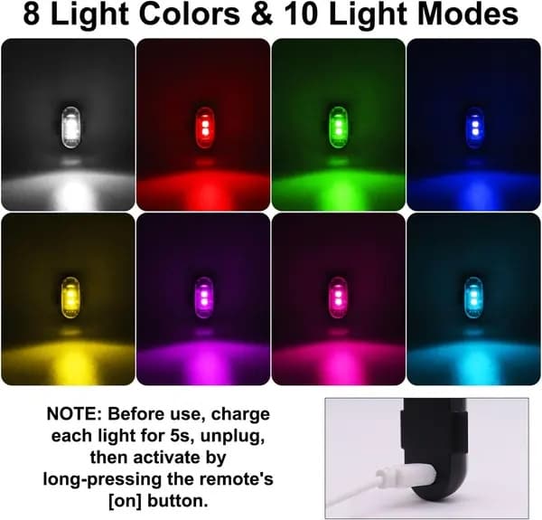 4pcs Wireless LED Strobe Lights with Remote Control, 8 Colors USB Charging Waterproof Warning Lights_Quality Gift Black