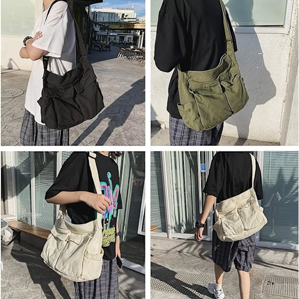 Canvas Crossbody-väska för dam, stor messenger-väska, axelväska för resor, flera fickor
