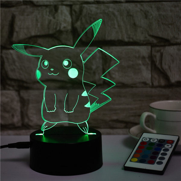 Picachu 3D Liten Nattlampa LED-lampa Kreativ Färgrik Touch Fjärrkontroll Skrivbordslampa Presentlampa (Basstorlek: 96*40mm)