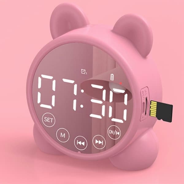 Børnevækkeur Bluetooth-højttaler Sengelampe, spejl Digital Timer, børns søvncoach Rosa