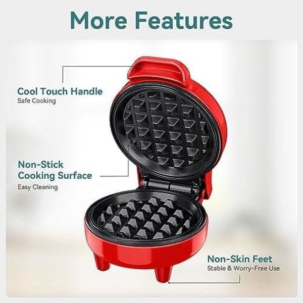 Mini vaffeljern, vaffeljern, klar indikatorlampe, non-stick belegg, kjølig håndtak, kompakt størrelse Rød