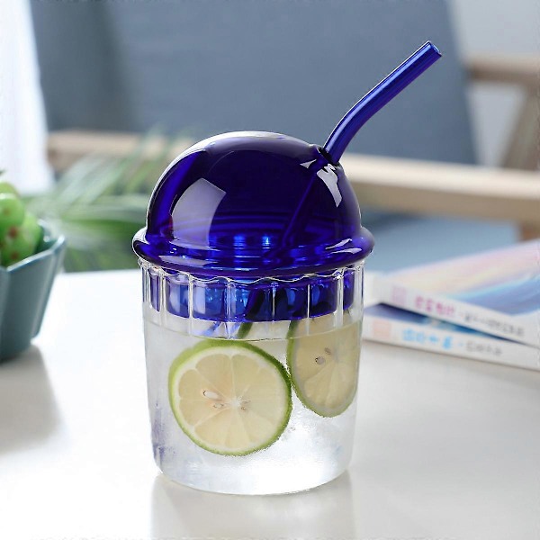 Glasdricksburk med Lock Sugrör Återanvändbar Boba Mugg för Fruktjuicedrycker Iskaffe Smoothie Läsk Mjölk, Randigt Glas, Kleinblå