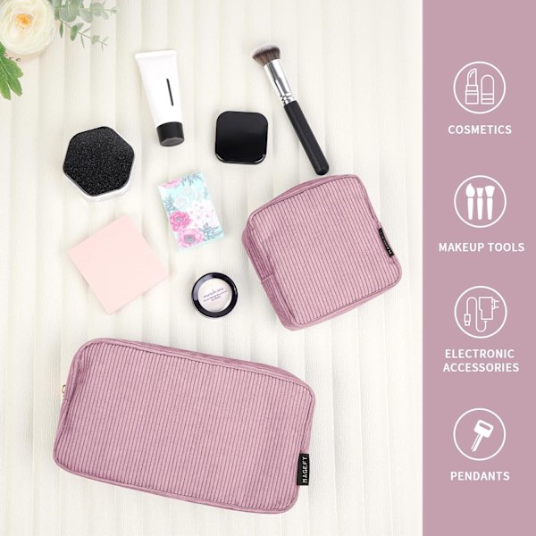 Makeup Taske, 2 Stykker Makeup Taske, Fløjls Makeup Taske med Rum til Kvinder Piger (Pink)