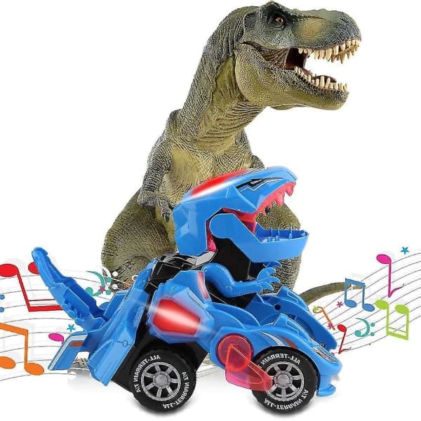 Transformerende Dinosaurleke, Transformerende Dinosaurbil, Automatisk Transformerende Dinosaurbil Med Musikk Og LED-Lys Blå