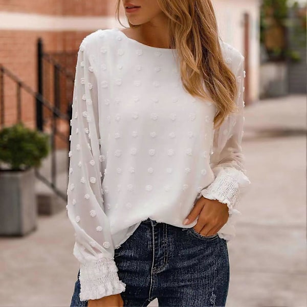 Långärmad Blus Rund Hals Lös Passform Mjukt Andningsbart Enfärgad Dam Casual Topp för Arbete Dejt Shopping