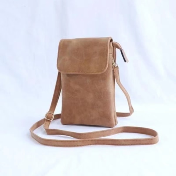 Crossbody-väska för kvinnor, mocka telefonväska med justerbar axelrem, stöldsäker dragkedjeficka i vintagebrunt