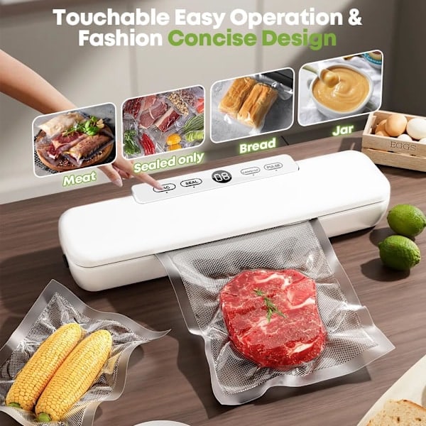 Vakuumforsegler for mat, vakuumforsegler for Sous Vide-matlaging, 4-i-1 enkelt alternativ, bevar mat i vakuumposer - Hvit