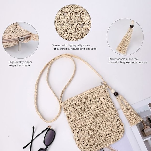 Stråväska för damer, sommarstrand tofs stråväska, vävd handgjord dragkedja enkel crossbody-väska, axelväska i bohemisk stil för sommarstrandresor