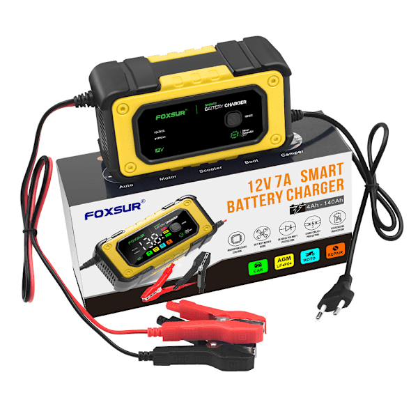 Bilbatterioplader 12V motorcykeloplader stor skærm farvedisplay batteri FOXSUR 7A reparationsoplader