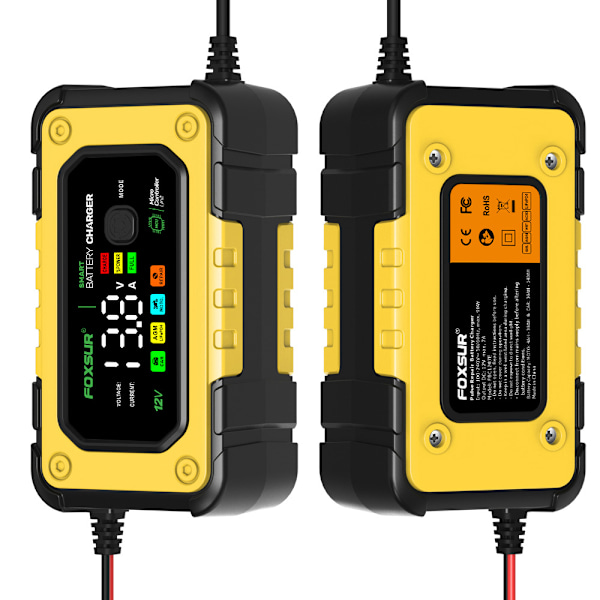 Bilbatterioplader 12V motorcykeloplader stor skærm farvedisplay batteri FOXSUR 7A reparationsoplader