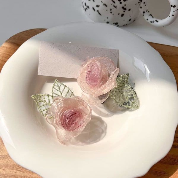 Hårklämmor, Rosa Blomma Hårklämmor Håraccessoarer, Set med 2 Eleganta Handgjorda Organza Kamelia Hårprydnader Bröllopsstylingverktyg