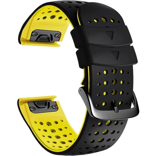 Quickfit 26 mm silikone blød sport vandtæt åndbar rem til Garmin Fenix 5X Plus, Fenix 6X Pro/safir, Enduro, Tactix Bravo Sortgul