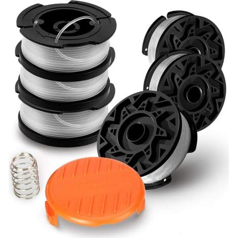 Pakke med 6 A6485 A6481 spoler for Black & Decker gresstrimmere, 6 x 9 m nylonsnor, 1,65 mm diameter snor + 1 hette +.