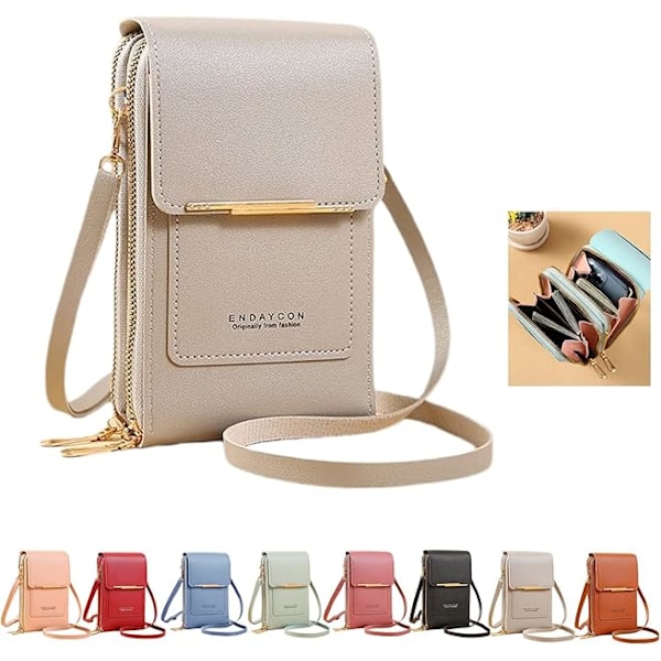 Crossbody-väska för dam med flera fickor, äkta läder, mobilficka med lång axelrem, dragkedja och kortfack, mobil