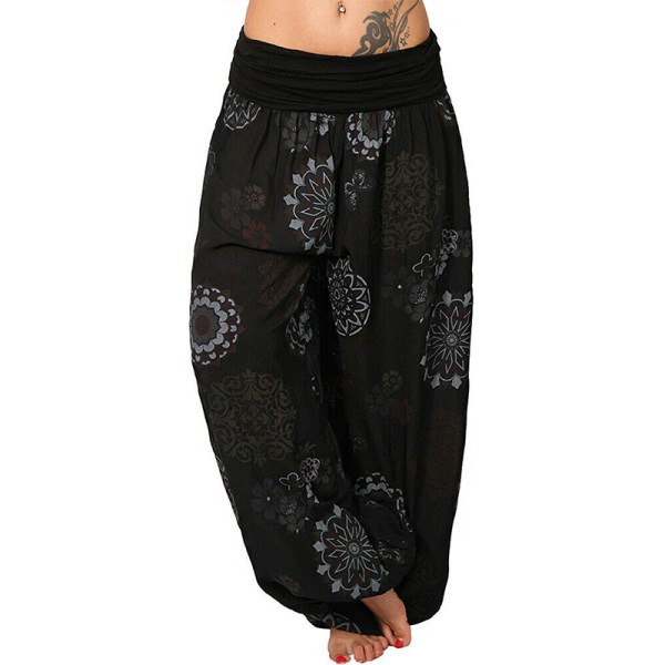 Yogabyxor for kvinner Baggy Harem Boho Wide Leg Sports Aladdin Pants Black,S