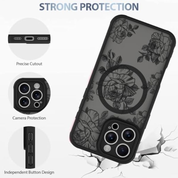 Skal för iPhone 16 Pro Max [MagSafe-kompatibelt] Svart Blomma Blommigt Mönster Design Skal för Kvinnor Flickor Mjuk TPU