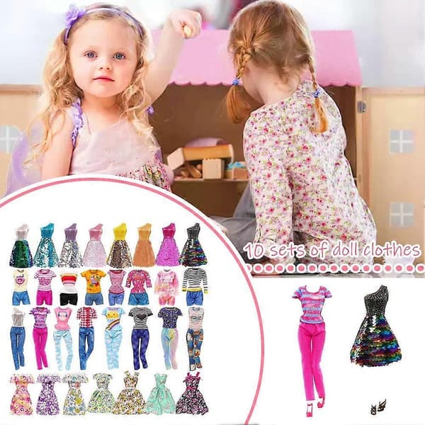 10 sæt dukketøj, inklusive 3 glitterkjoler, 3 moderigtige blomsterkjoler, 4 afslappede outfitsæt
