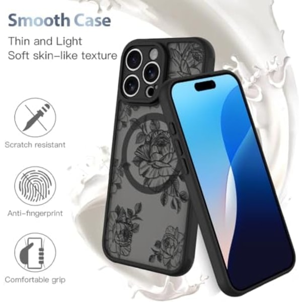 Skal för iPhone 16 Pro Max [MagSafe-kompatibelt] Svart Blomma Blommigt Mönster Design Skal för Kvinnor Flickor Mjuk TPU