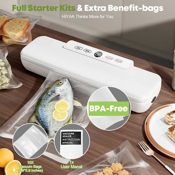 Vakuumforsegler for mat, vakuumforsegler for Sous Vide-matlaging, 4-i-1 enkelt alternativ, bevar mat i vakuumposer - Hvit