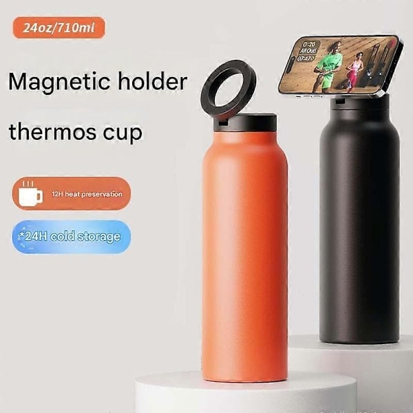 710 ml Isoleret Vandflaske med Magnetisk Telefonholder - Varm 12 timer, Kold 24 timer, 360° Rotation, Sport Termokande Gave til Mænd & Kvinder Blå