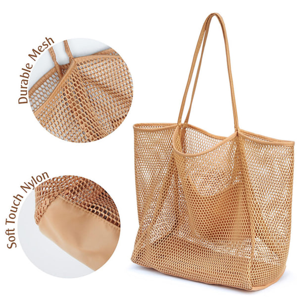 Strandtasker Mesh Large Capacity Tote Bad Picnic Bag Handväska Khaki