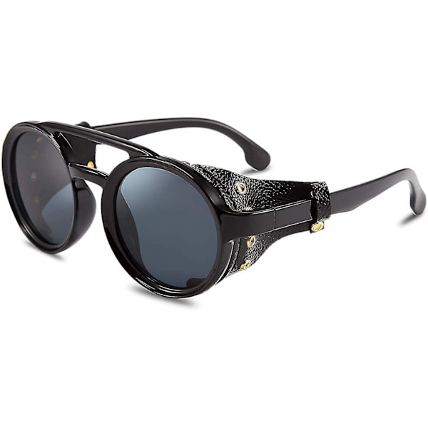 Steampunk Runde Solbriller Vintage Retro Øjenbryn Plastramme med Læder - Sort