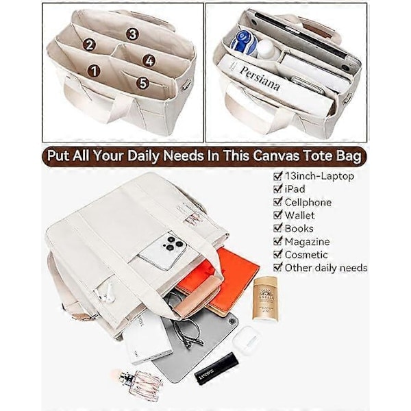 Canvas Tote Taske med Flere Rum til Kvinder (FMY)