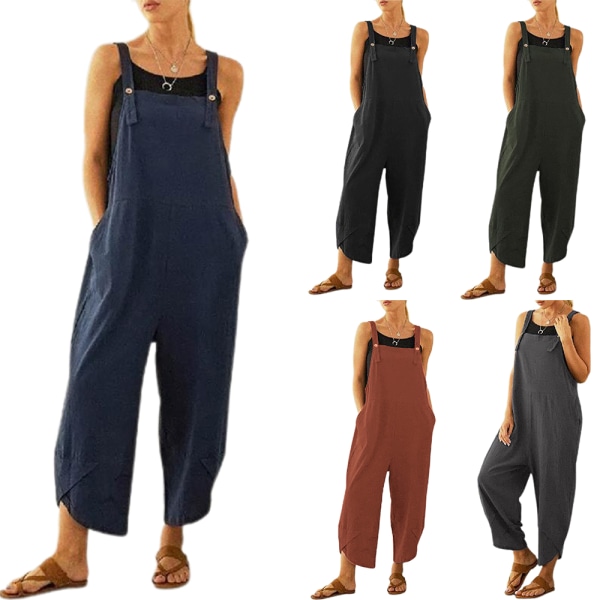 Kvinnors ärmlösa lösa jumpsuits med fickor Knapp Casual black 4XL