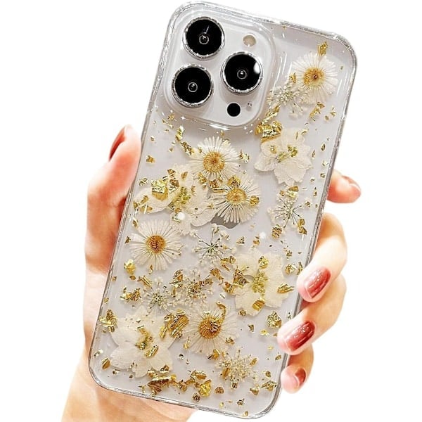 Design iPhone 16 Pro Kuori Kukat, Kirkas Söpö Glitter Puristettu Kuivattu Kukkakuvio Kuori Läpinäkyvä Pehmeä Ohut TPU Suojaava (Kulta Päivänkakkara) iPhone 14 Plus/15 Plus