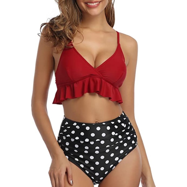 Naisten kaksiosainen uimapuku korkea vyötärö Ruffle Bikini V kaula Crimson XL Dark Red Polka Dot XL